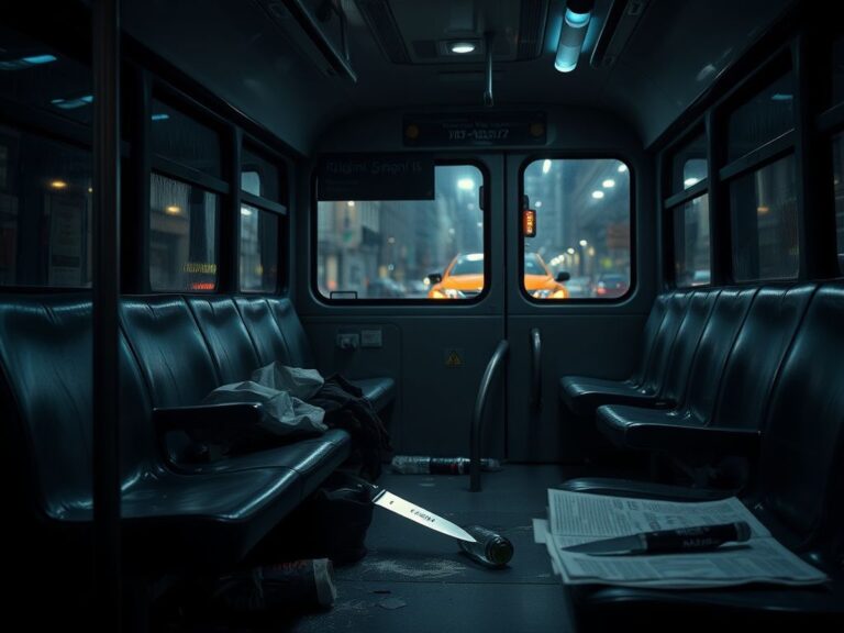 Flick International A dimly lit city bus interior with empty seats and a kitchen knife on the seat