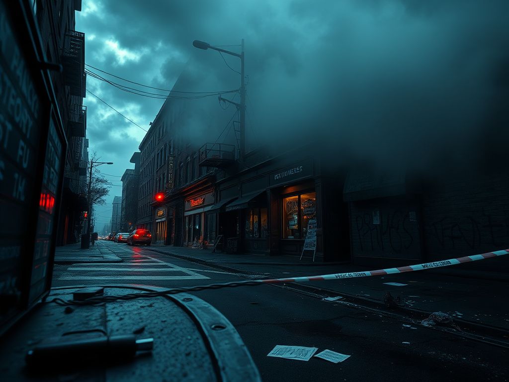Flick International Dark urban scene in NYC showcasing a deserted street with dimly lit storefronts and elements of crime