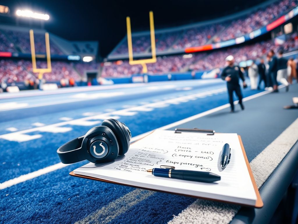 Flick International A close-up of a gameday headset on a clipboard with notes, symbolizing dedication on the Indianapolis Colts' sidelines.