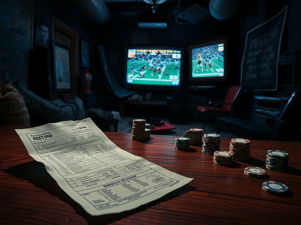 Flick International Dark, atmospheric scene depicting a chaotic sports gambling environment with betting slips, poker chips, and cash.