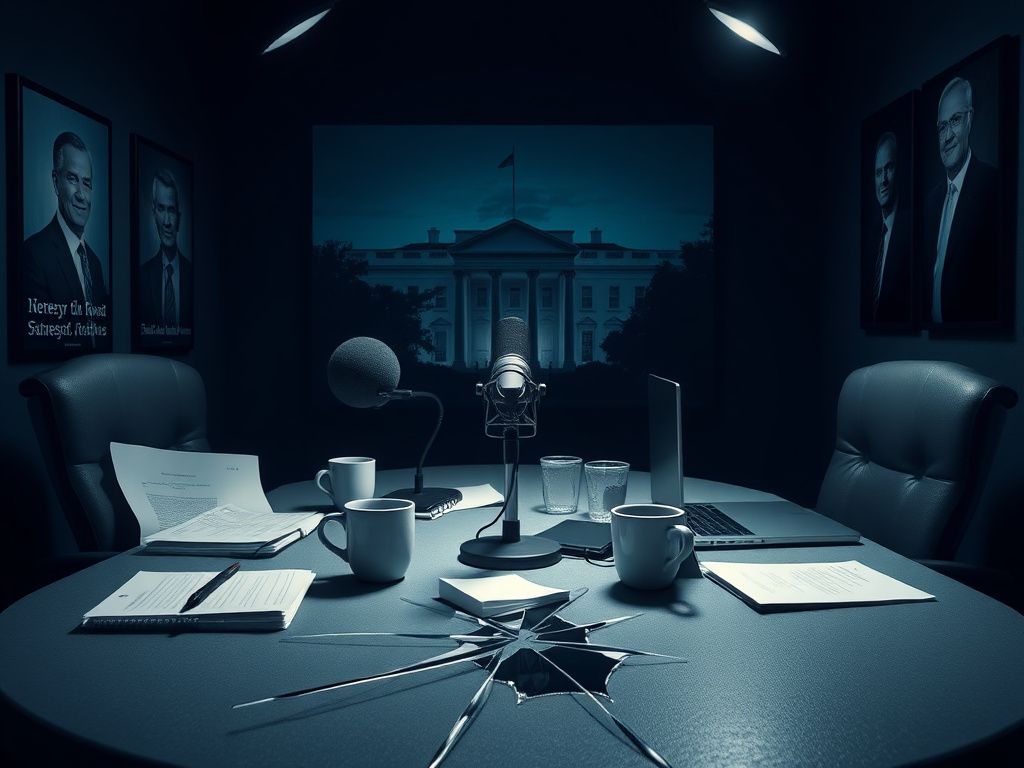 Flick International Dimly lit podcast studio with an empty microphone, notes, coffee cups, and a laptop