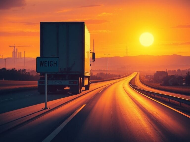 Flick International An empty highway with a parked semi-truck under a sunset sky