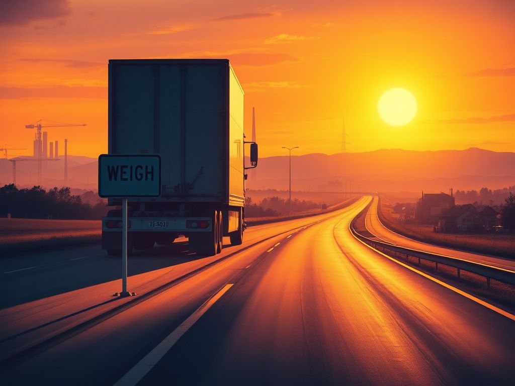 Flick International An empty highway with a parked semi-truck under a sunset sky