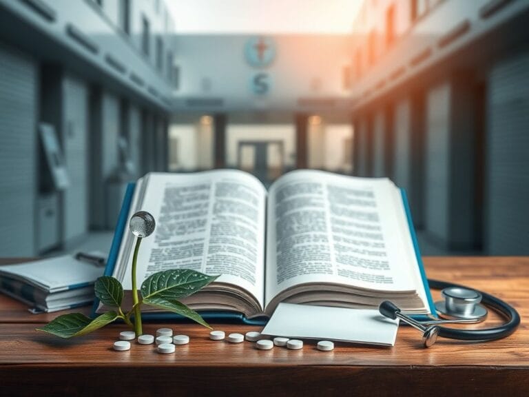 Flick International Still life composition featuring an open medical textbook surrounded by healthcare symbols like a stethoscope and prescription pad