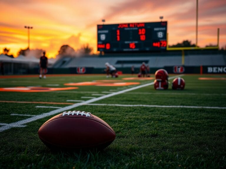 Flick International A football practice field at dusk with the Cincinnati Bengals colors