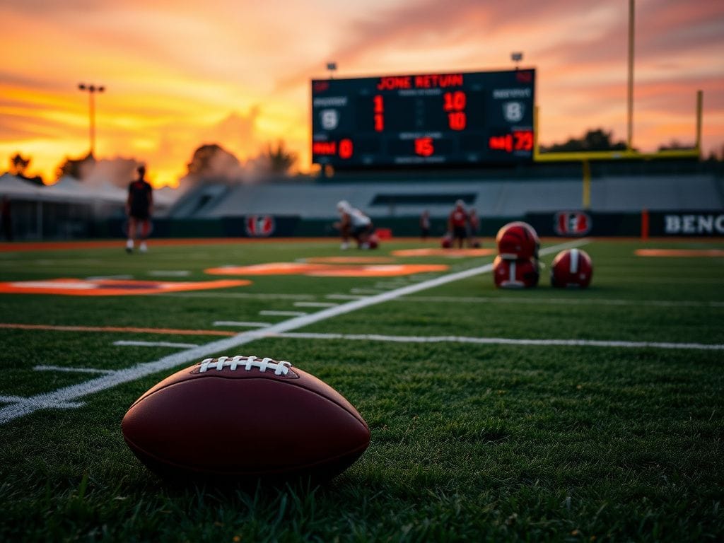 Flick International A football practice field at dusk with the Cincinnati Bengals colors