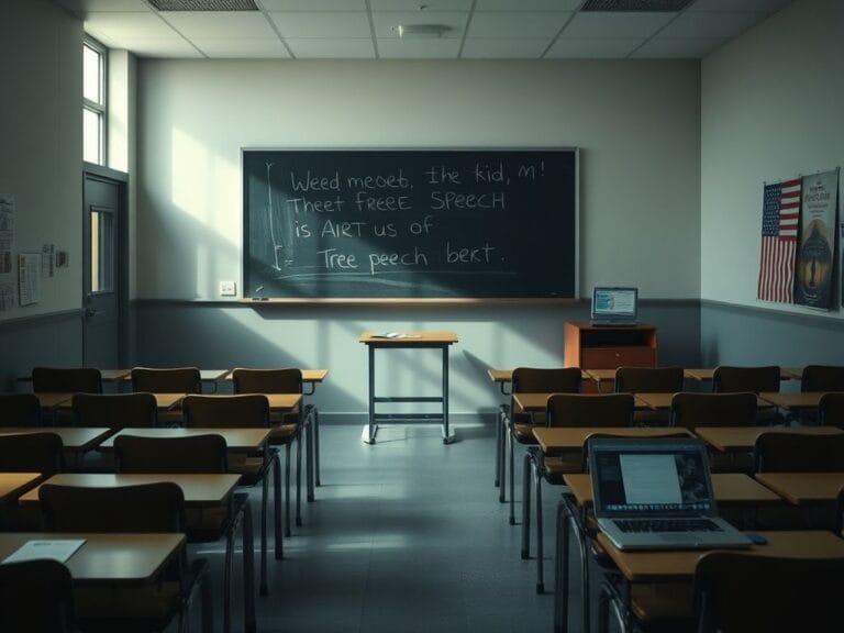Flick International Somber classroom setting with empty desks and a faint chalkboard quote on free speech