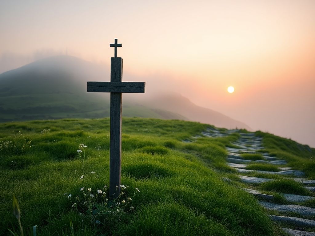Flick International Weathered wooden cross on a hillside in Normandy, France, symbolizing faith and spirituality