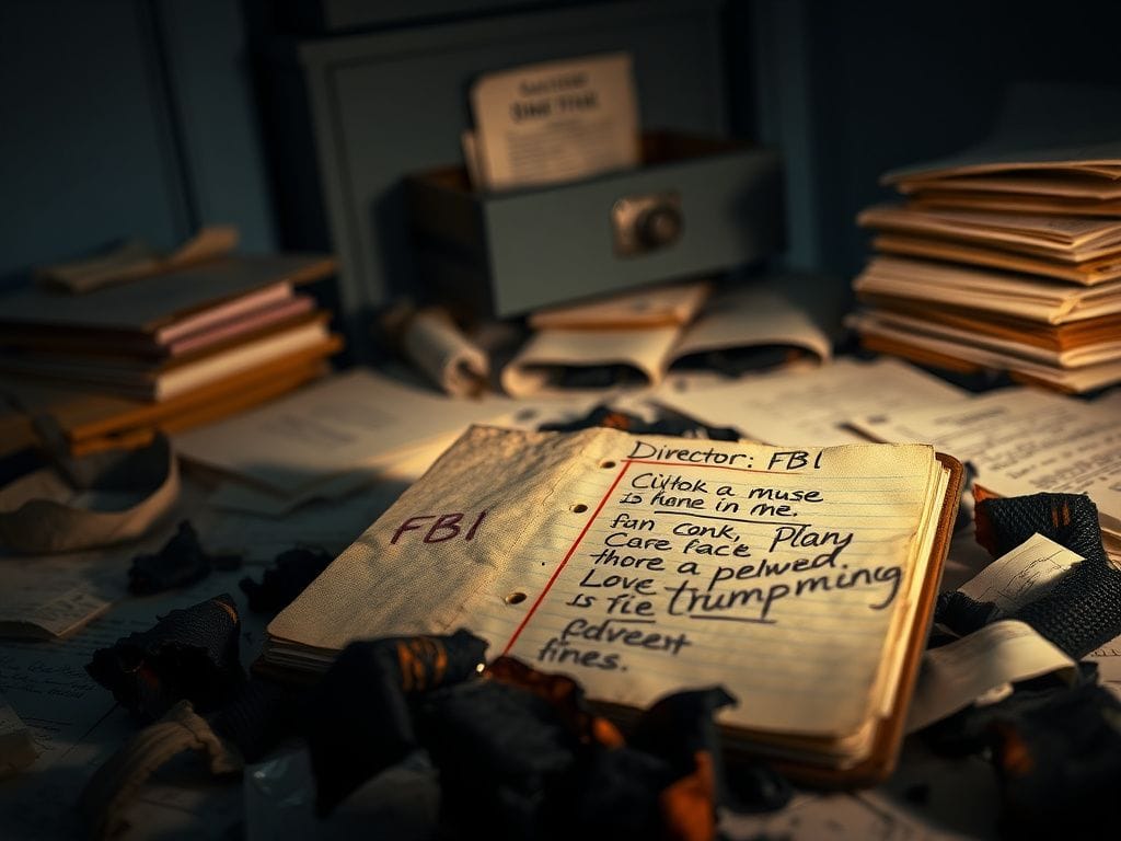 Flick International A dimly lit room with an open tattered FBI notepad revealing handwritten notes.