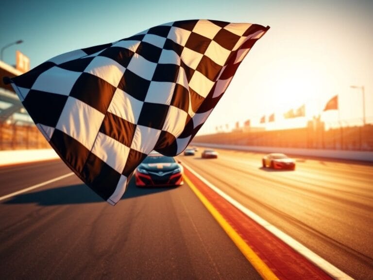 Flick International Checkered flag waving at NASCAR championship race with racing cars in motion