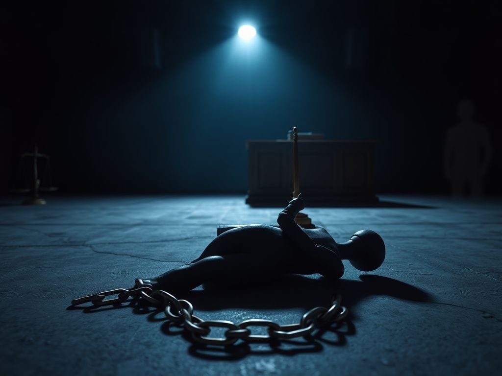 Flick International Dark courtroom scene with a dismembered mannequin on the floor