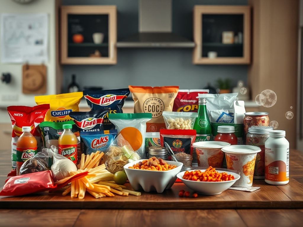 Flick International Array of ultraprocessed convenience foods arranged on a wooden kitchen table with subtle medical lab background.