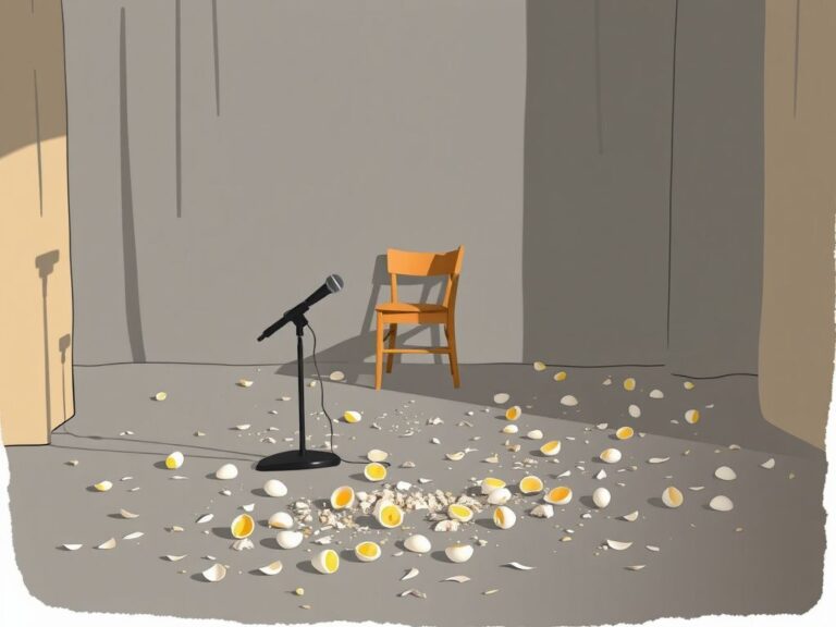 Flick International Scene of a chaotic book promotion event featuring an empty stage and scattered egg pieces
