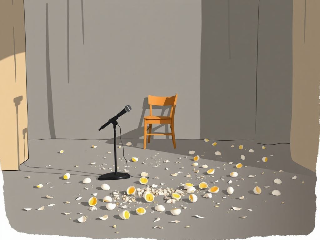 Flick International Scene of a chaotic book promotion event featuring an empty stage and scattered egg pieces