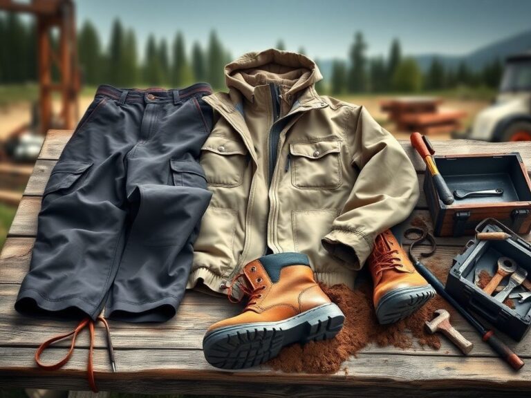 Flick International An array of men's workwear including durable cargo pants, a waterproof jacket, and a thick hoodie on a wooden table.