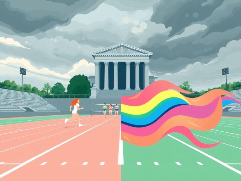 Flick International Conceptual illustration showing a divided sports field representing women's sports and transgender athletes.