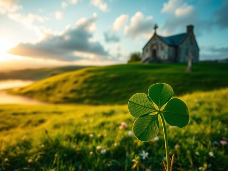 Flick International Lush Irish landscape at dawn featuring a vibrant shamrock and ancient stone church