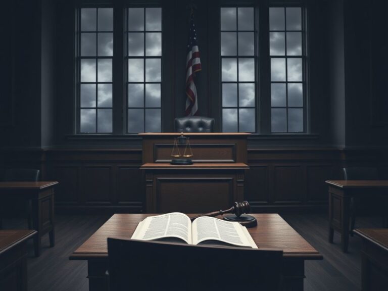 Flick International A stark courtroom scene with a wooden judge's bench and empty jury box illustrating immigration enforcement issues.