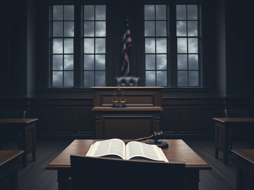 Flick International A stark courtroom scene with a wooden judge's bench and empty jury box illustrating immigration enforcement issues.