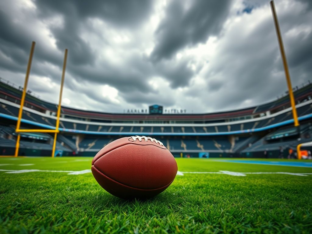 Flick International Close-up of a football near goalposts on an empty Lambeau Field under ominous skies