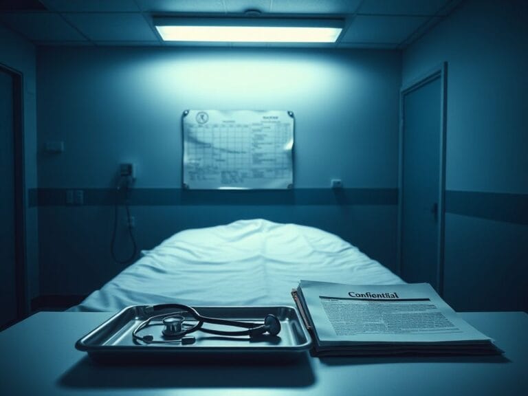 Flick International Dimly lit hospital examination room with an empty bed and abandoned stethoscope
