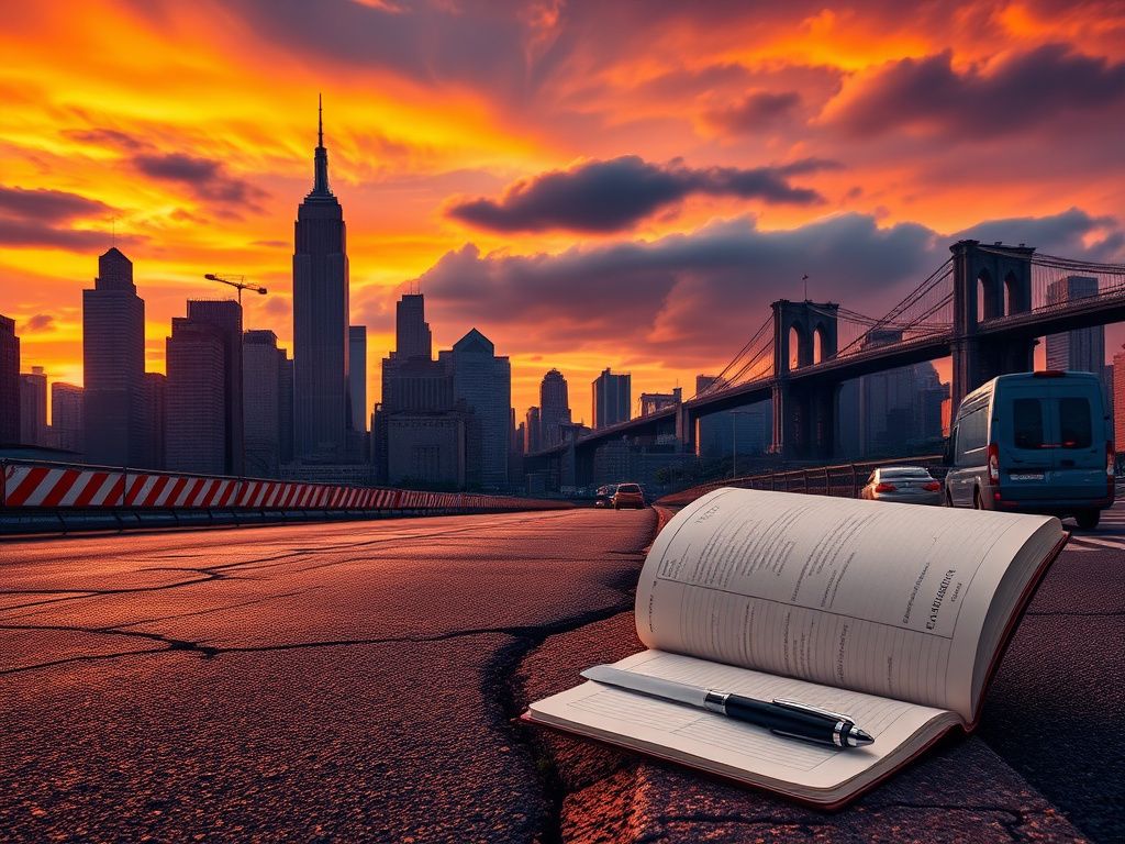Flick International Dramatic cityscape of New York City at sunset with iconic buildings and caution tape