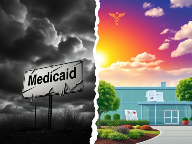 Flick International A split-image showing contrasting perspectives on Medicaid reform, with a crumbling Medicaid sign and dark clouds on one side, and a vibrant healthcare facility with sunny skies on the other.