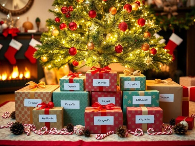 Flick International A beautifully arranged holiday scene featuring eight labeled gift boxes under a festive Christmas tree.