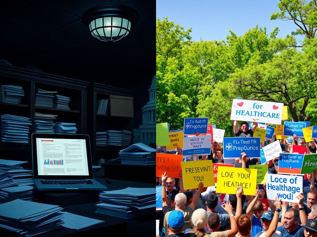 Flick International Dimly lit congressional office contrasting with vibrant outdoor protest scene