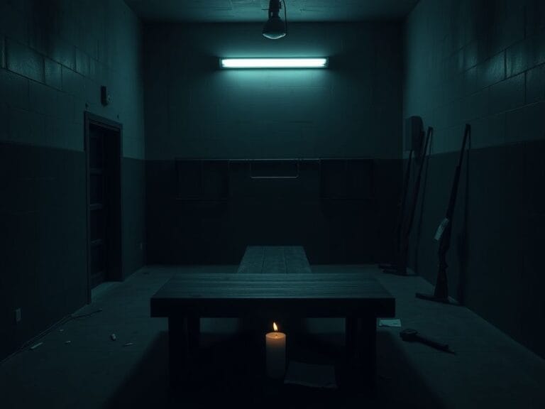 Flick International Empty execution chamber with wooden gurney and firing squad rifles