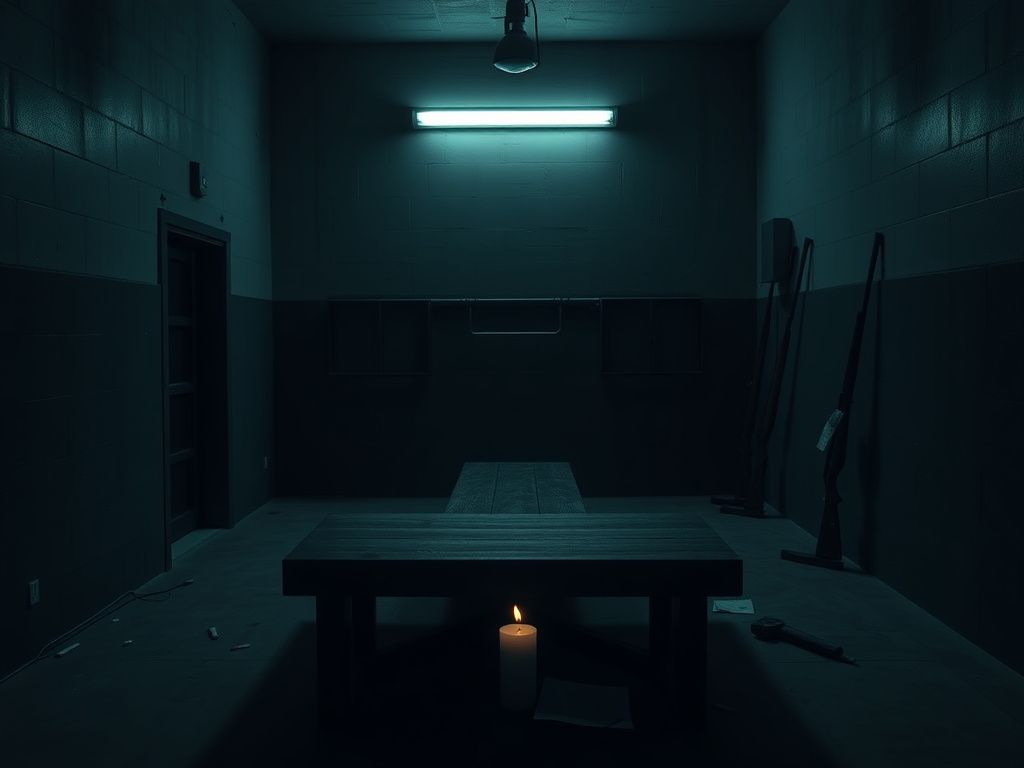 Flick International Empty execution chamber with wooden gurney and firing squad rifles