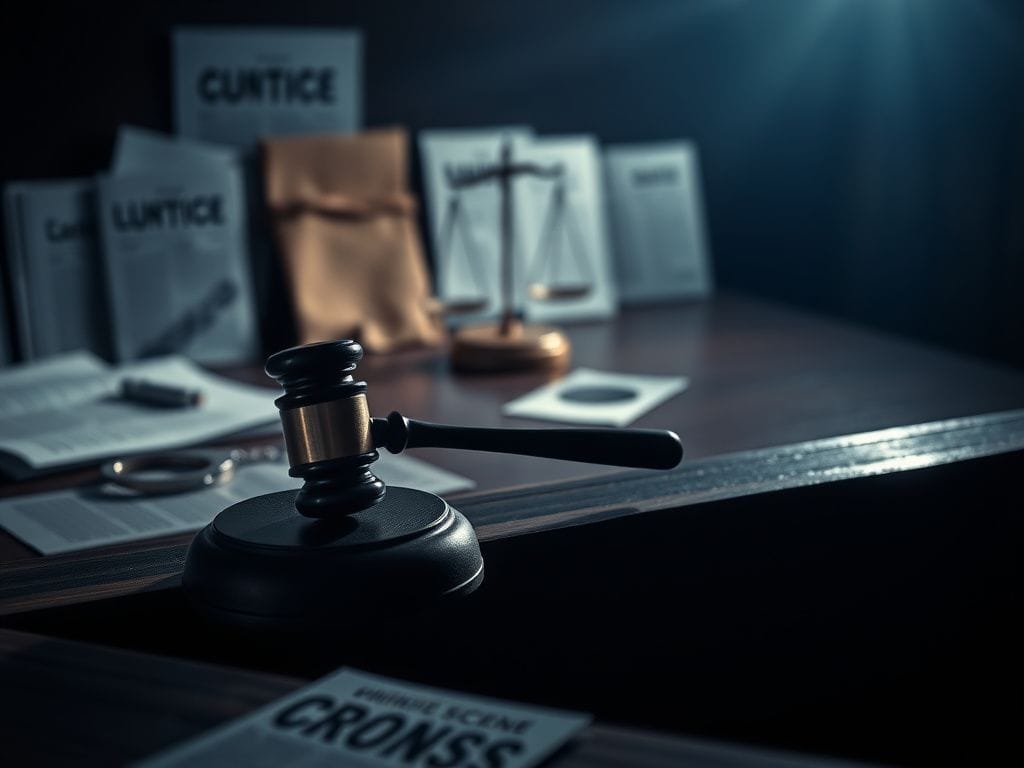 Flick International Dimly lit courtroom with gavel and legal symbols