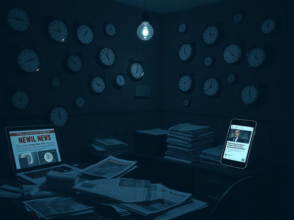 Flick International A darkened room with a cluttered desk featuring newspapers and a glowing laptop screen showing political news related to Donald Trump.