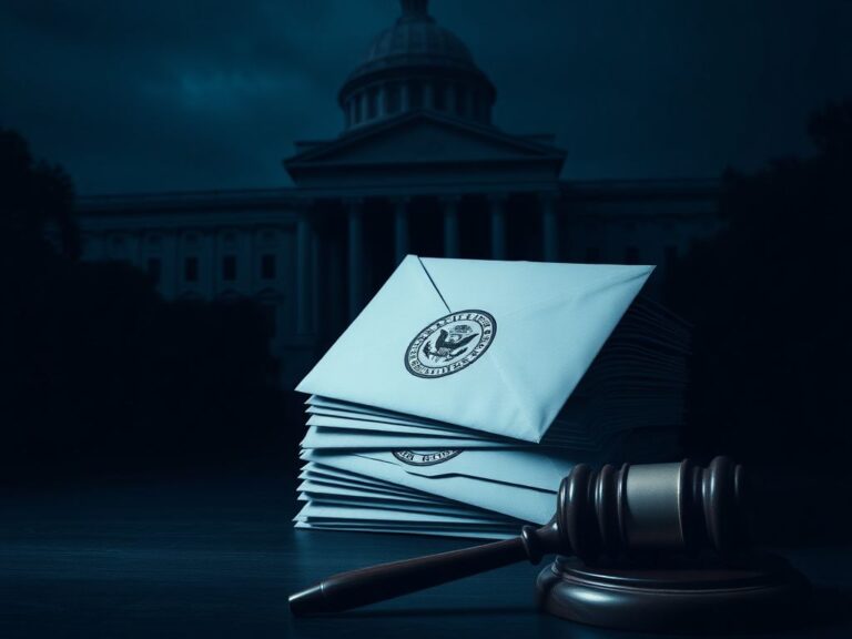 Flick International Dark scene with a government building and sealed envelopes symbolizing DOJ investigation