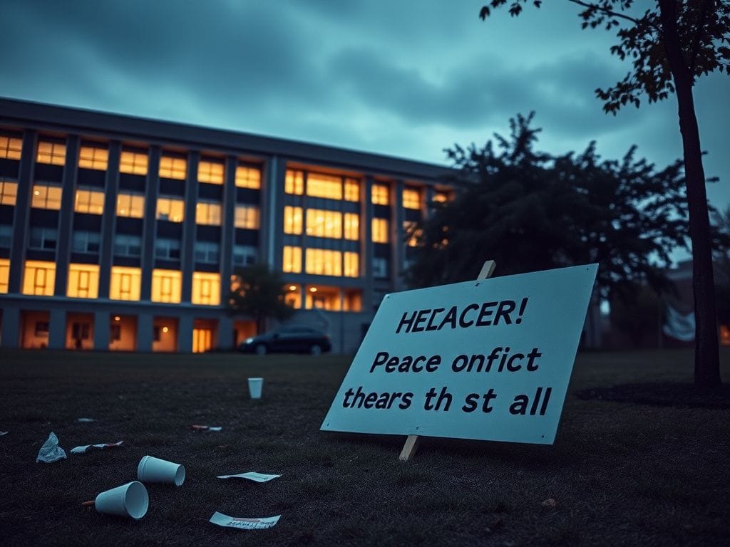 Flick International Empty university campus scene at twilight with protest sign
