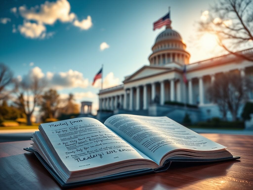 Flick International Exterior view of a government building with a fluttering American flag and an open book on a wooden table symbolizing transparency.