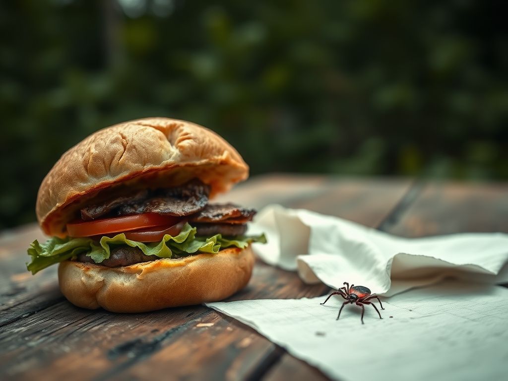 Flick International Close-up of a half-eaten hamburger with toppings on a weathered wooden table, highlighting a risk related to red meat consumption