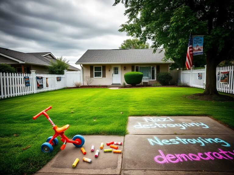 Flick International A suburban front yard with abandoned children's toys and a white picket fence, symbolizing safety turned into threat.
