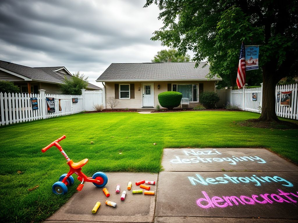 Flick International A suburban front yard with abandoned children's toys and a white picket fence, symbolizing safety turned into threat.