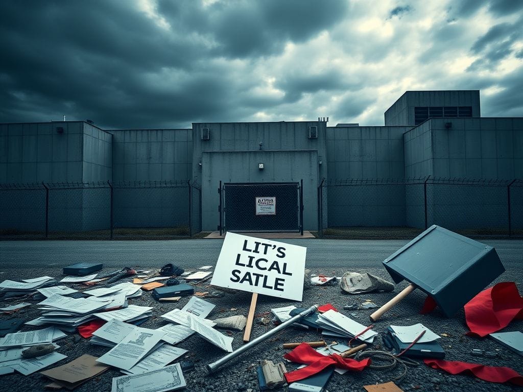 Flick International Chaotic scene outside a modern immigration detention facility with barbed wire and scattered protest items