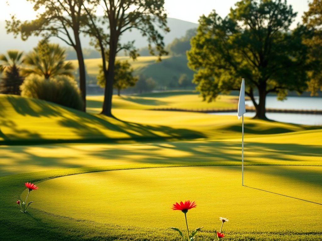 Flick International Serene golf course landscape during early morning with colorful wildflowers