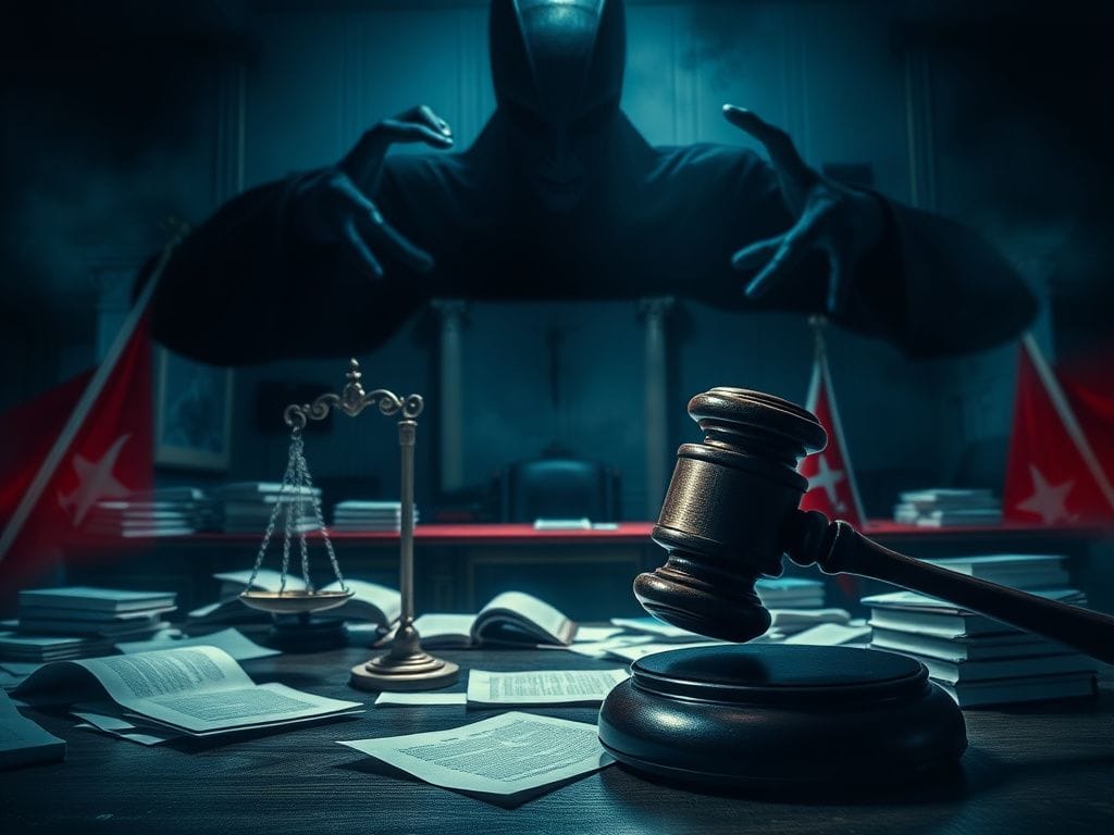 Flick International A dramatic courtroom scene with a gavel and scales of justice amidst chaos