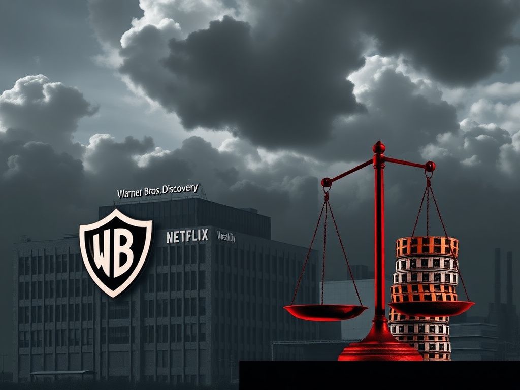 Flick International Shadowy corporate building representing Warner Bros. Discovery with giant red Netflix logo in the foreground