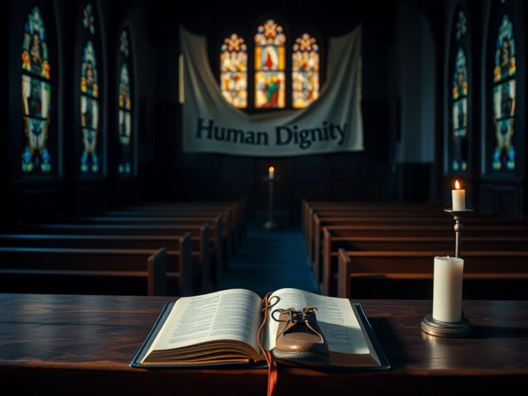 Flick International Empty church interior with stained glass windows and an open Bible symbolizing the immigrant journey