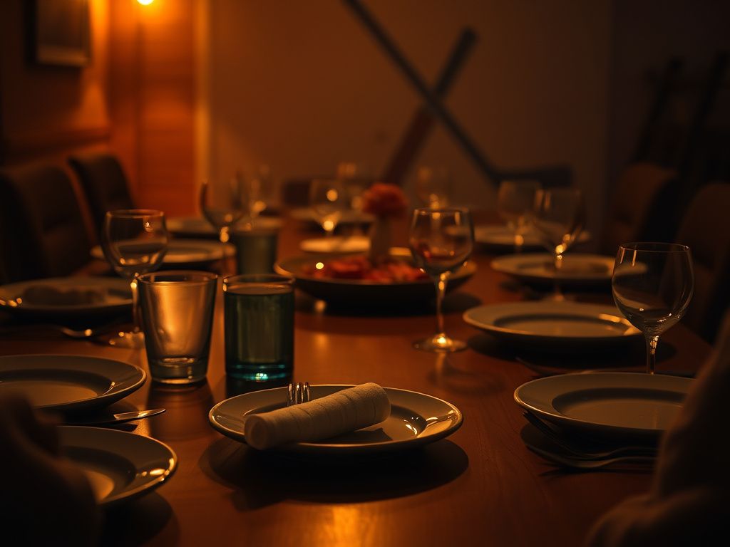 Flick International Dimly lit table set for a team dinner with bandaged hand and small blade symbolizing injury