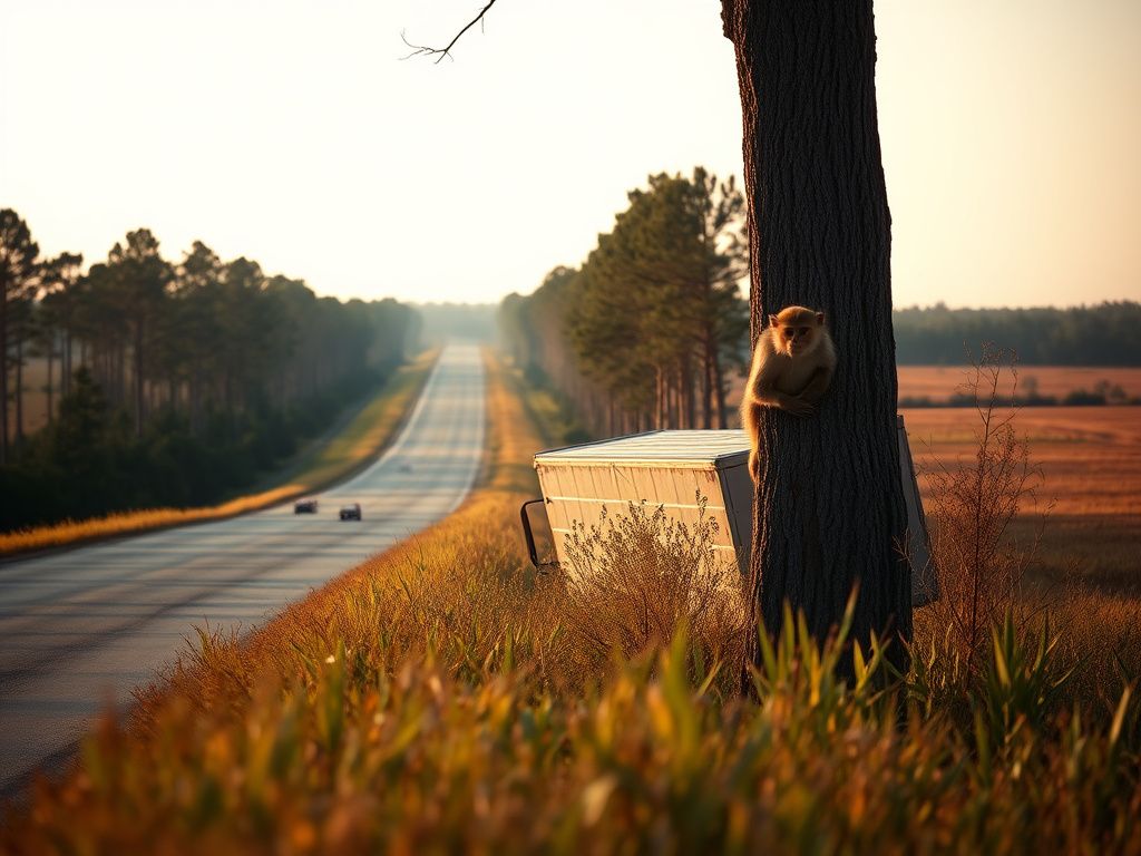 Flick International A small, curious monkey peeking from behind a tree next to a flipped truck in a serene Mississippi landscape