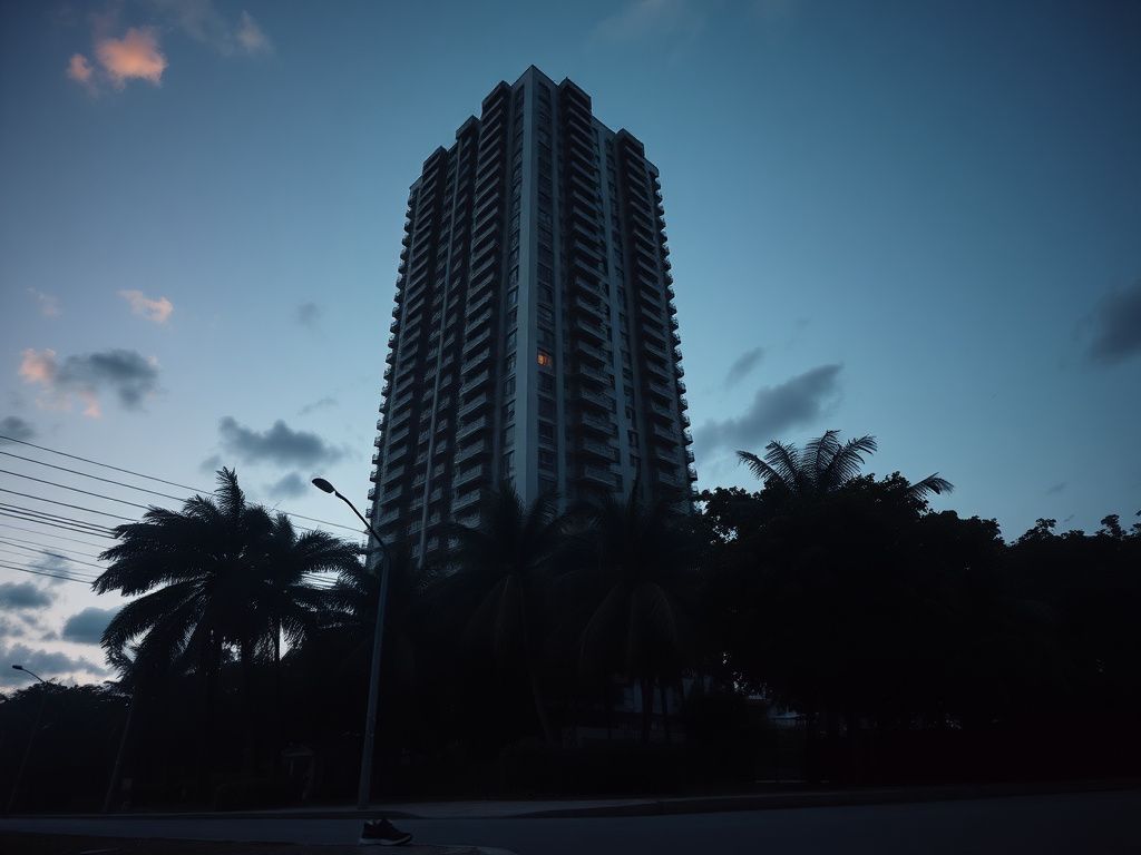 Flick International Atmospheric view of the Unique Towers condominium building during twilight in Rio de Janeiro