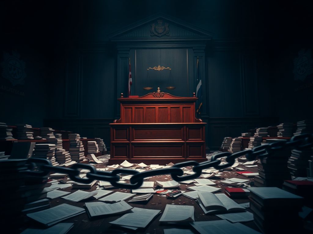 Flick International Dark courtroom setting with judge's bench and legal documents symbolizing chaos in judicial system