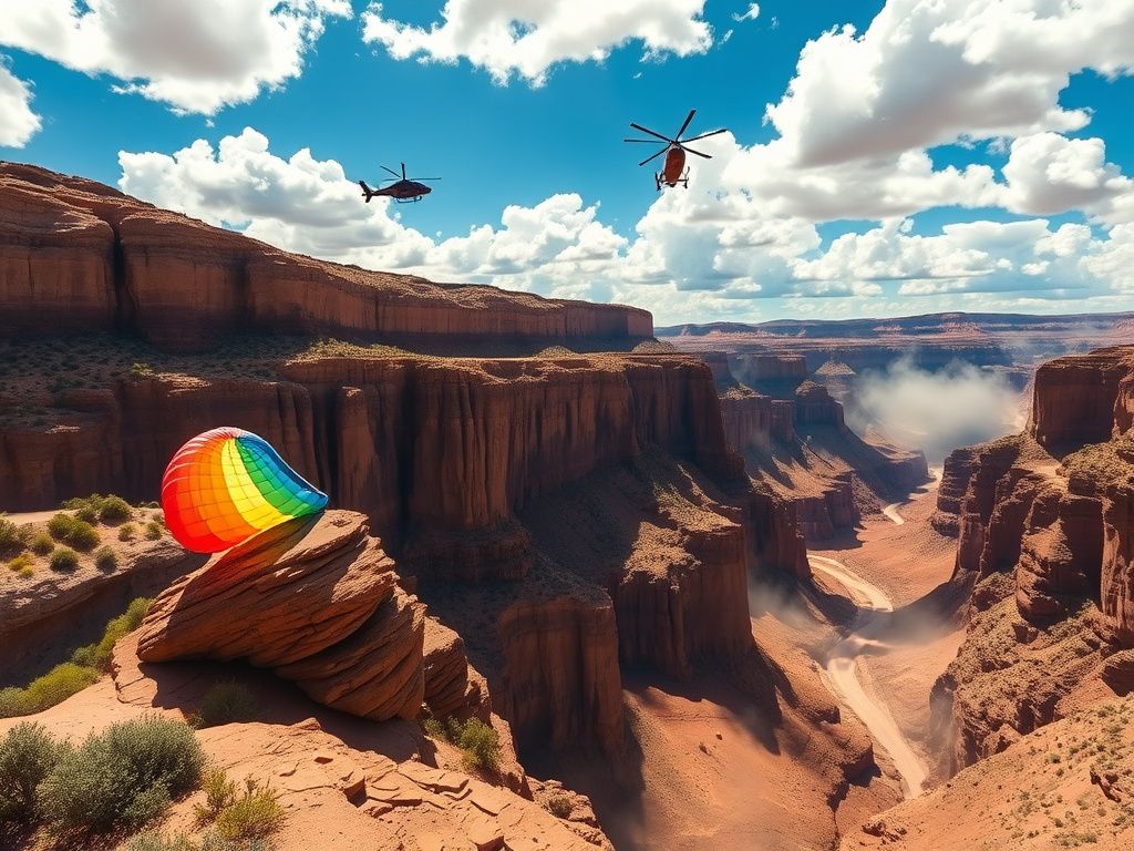 Flick International Dramatic canyon rescue scene with a parachute caught on a cliff face