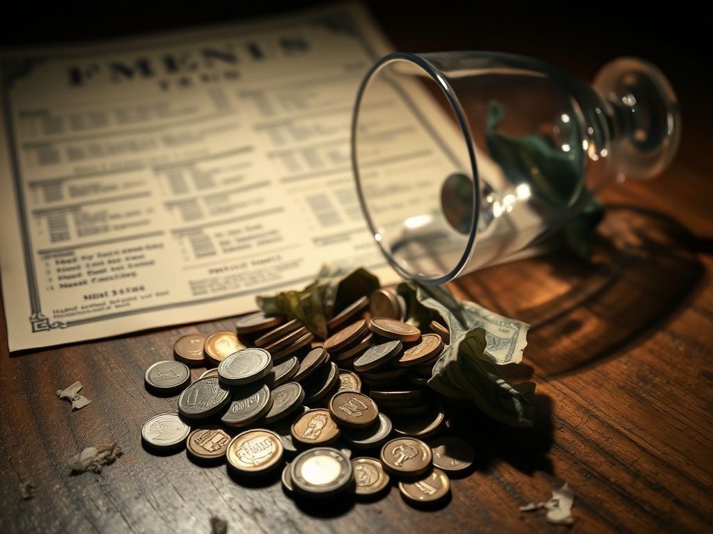 Flick International Close-up view of a small pile of coins and crumpled dollar bills on a wooden table, symbolizing hospitality workers' struggles.